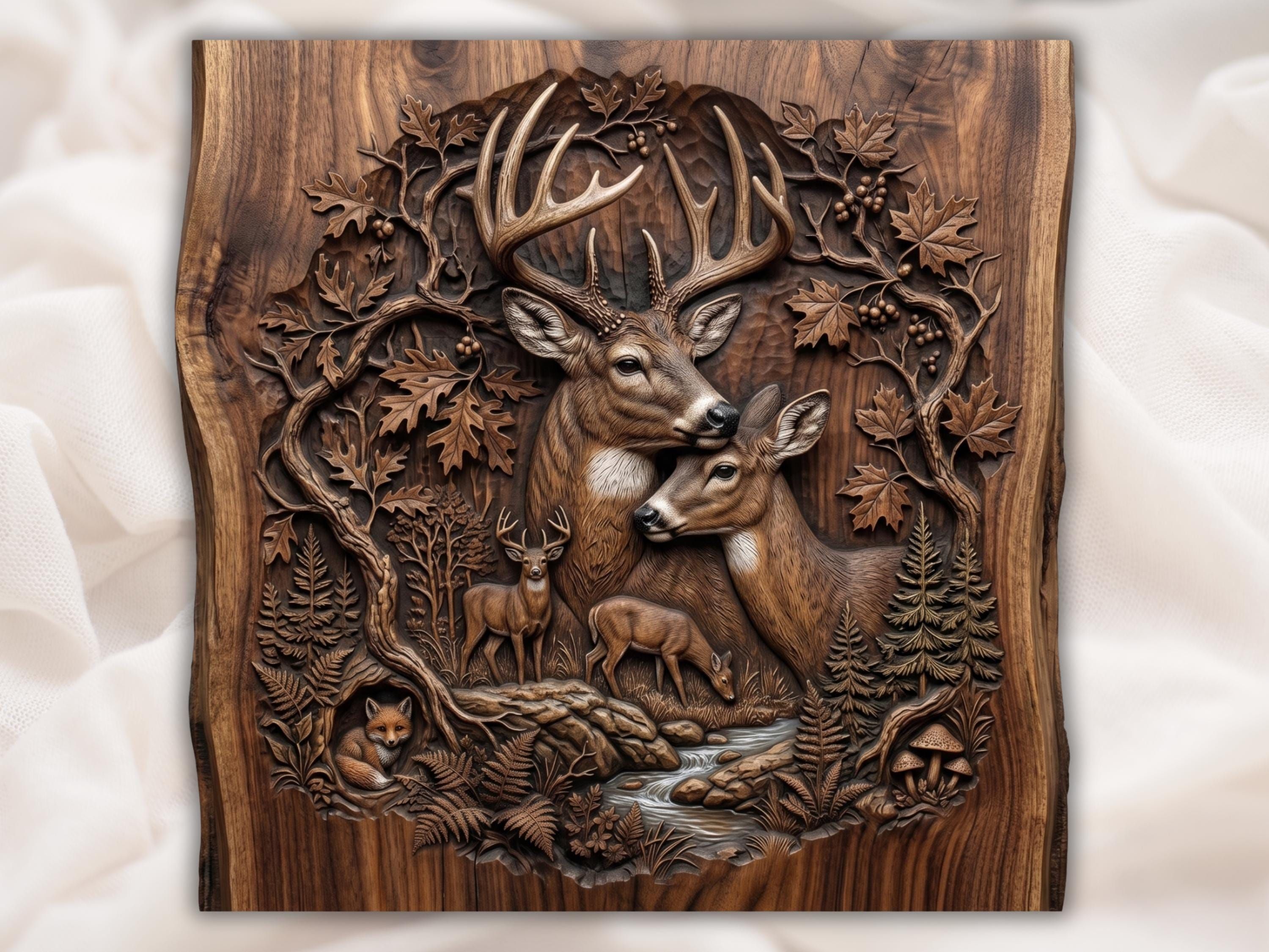 Carved wood bas-relief of a buck nuzzling a doe with fawns, oak leaves, ferns, and a forest stream.