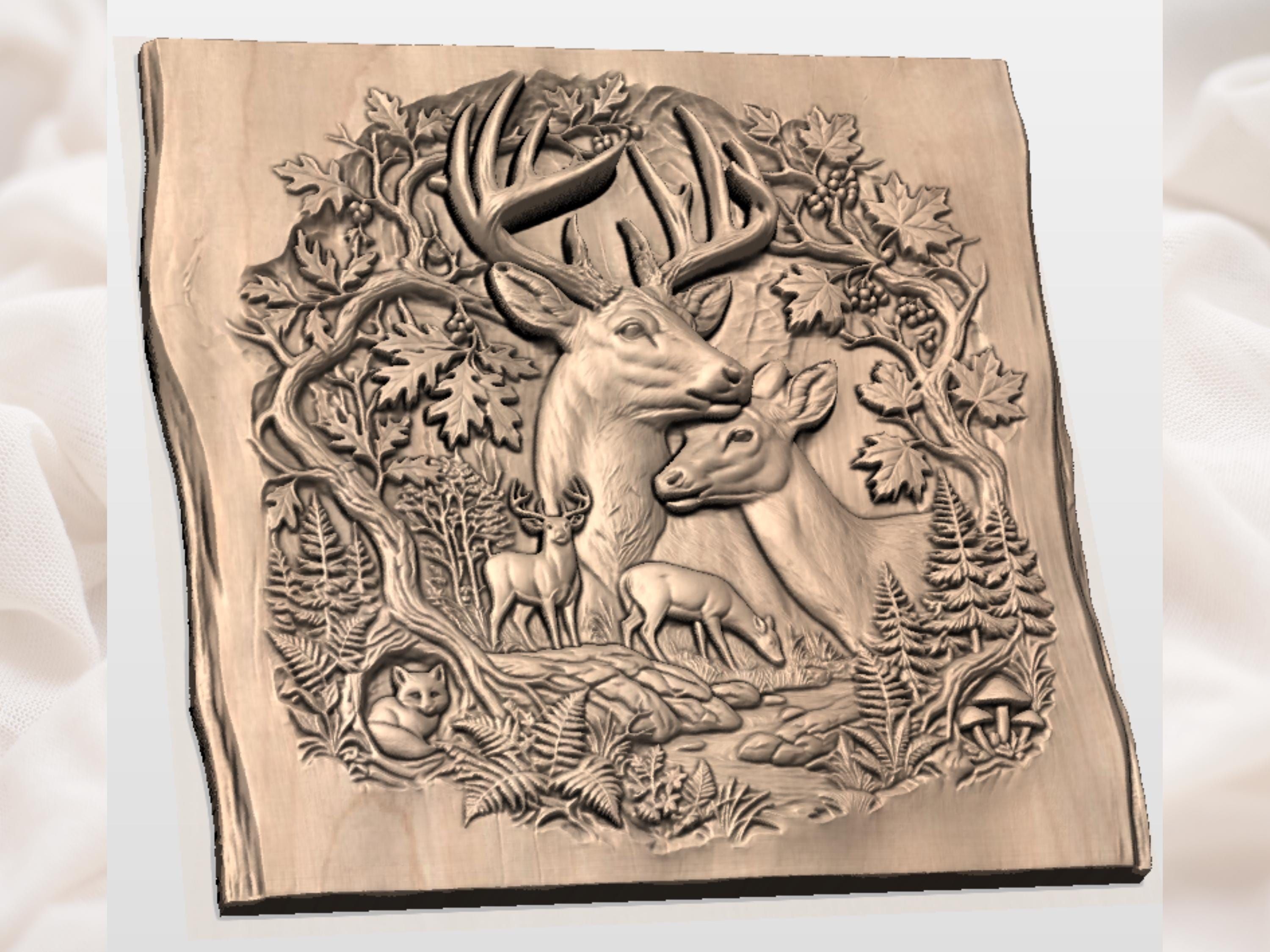 Buck and Doe Forest Stream Bas-Relief Deer Family STL bas-relief STL — view 2