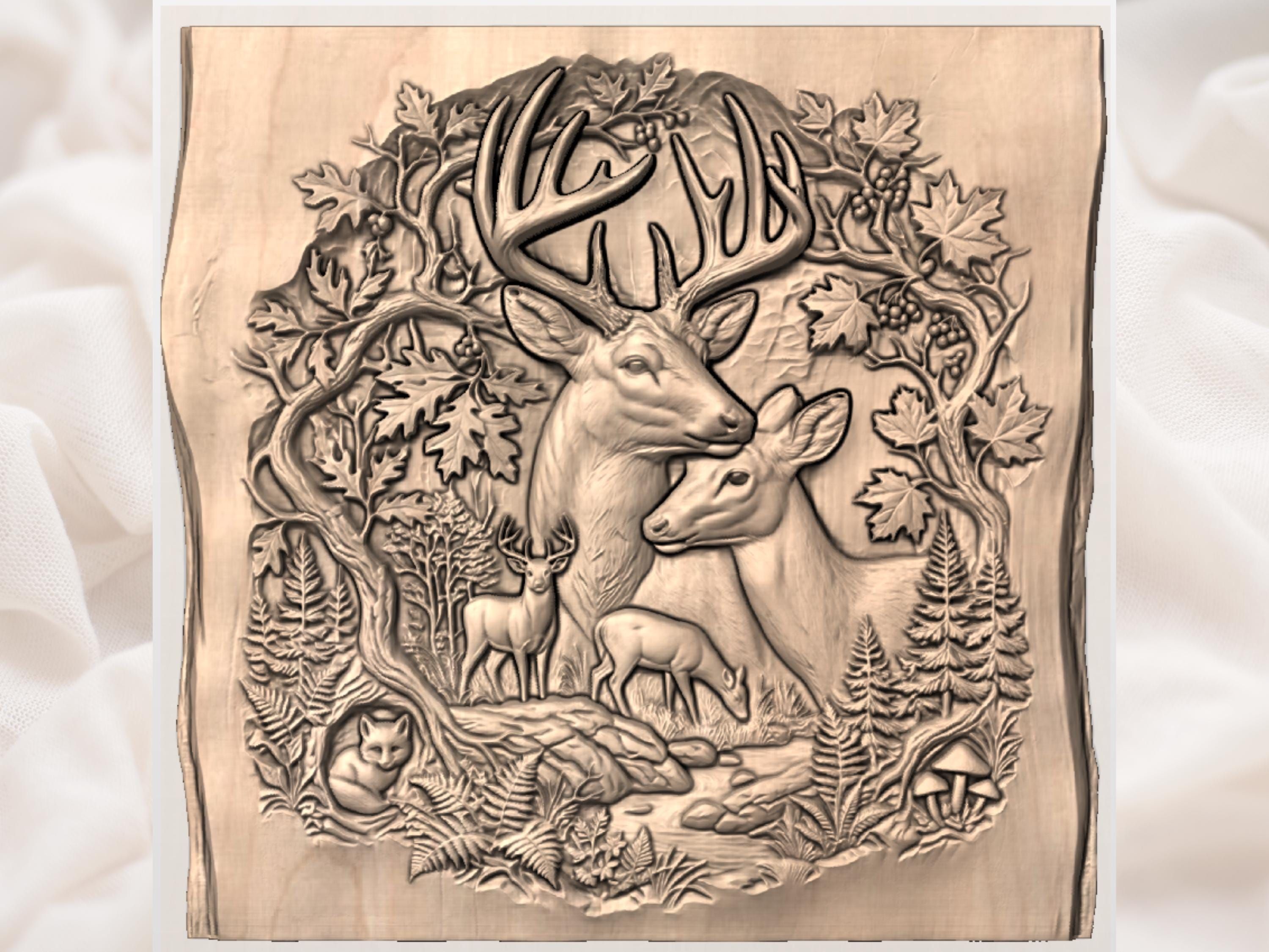 Buck and Doe Forest Stream Bas-Relief Deer Family STL bas-relief STL — view 3