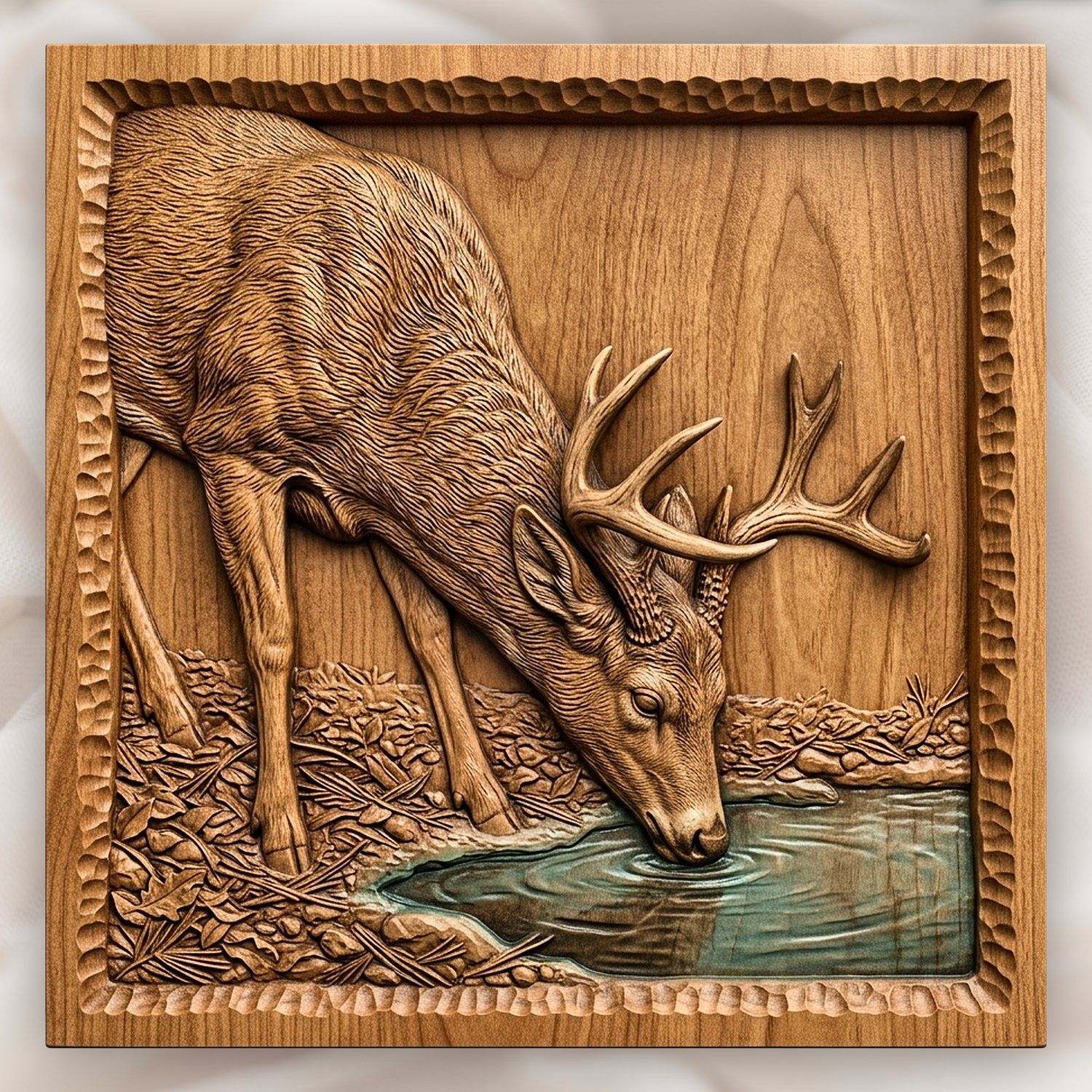 Whitetail Buck Drinking at Pond CNC Relief STL bas-relief STL design