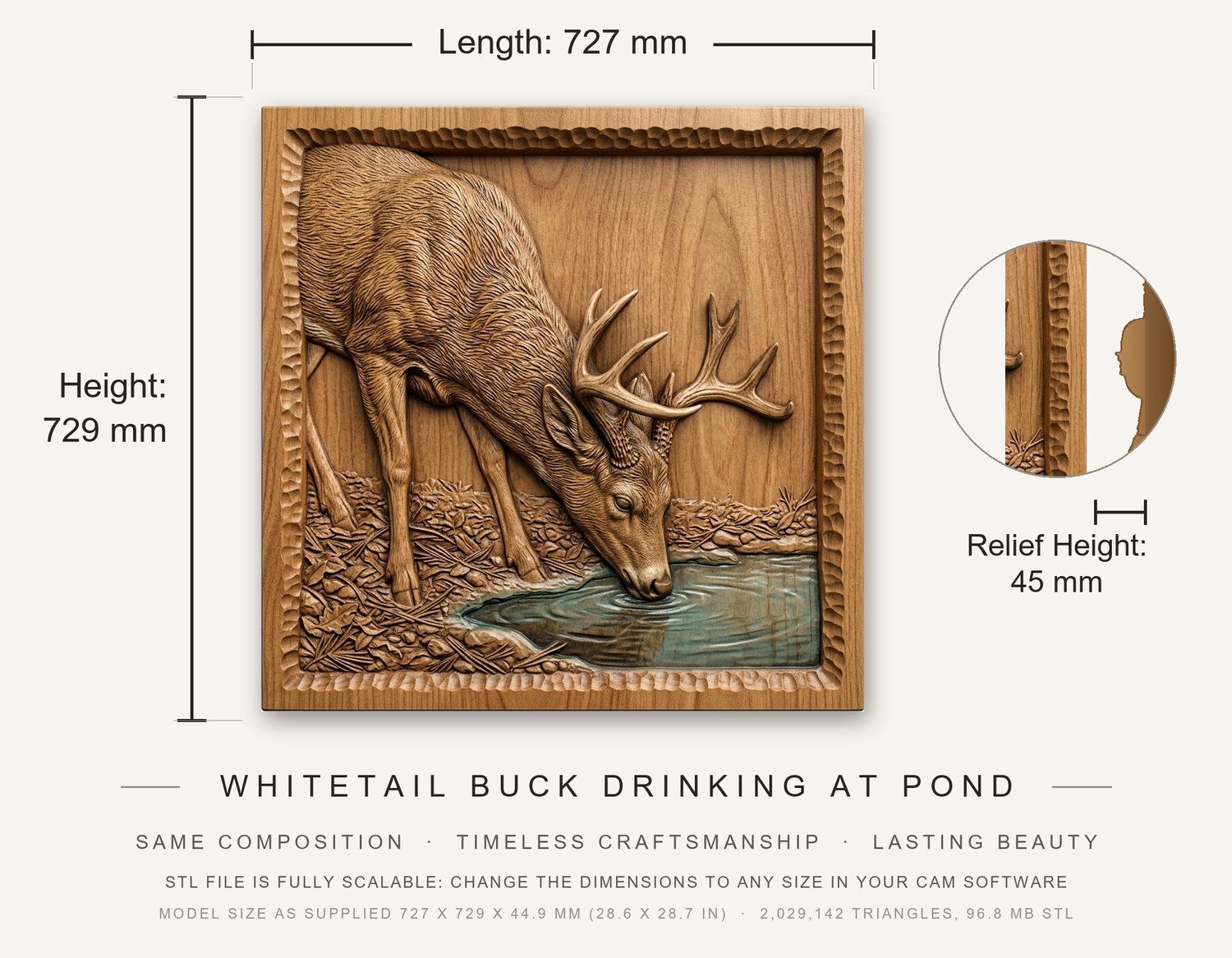 Whitetail Buck Drinking at Pond CNC Relief STL bas-relief STL — view 3
