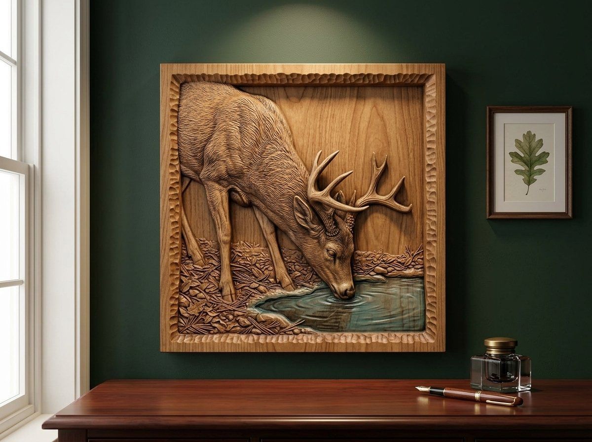 Whitetail Buck Drinking at Pond CNC Relief STL bas-relief STL — view 13
