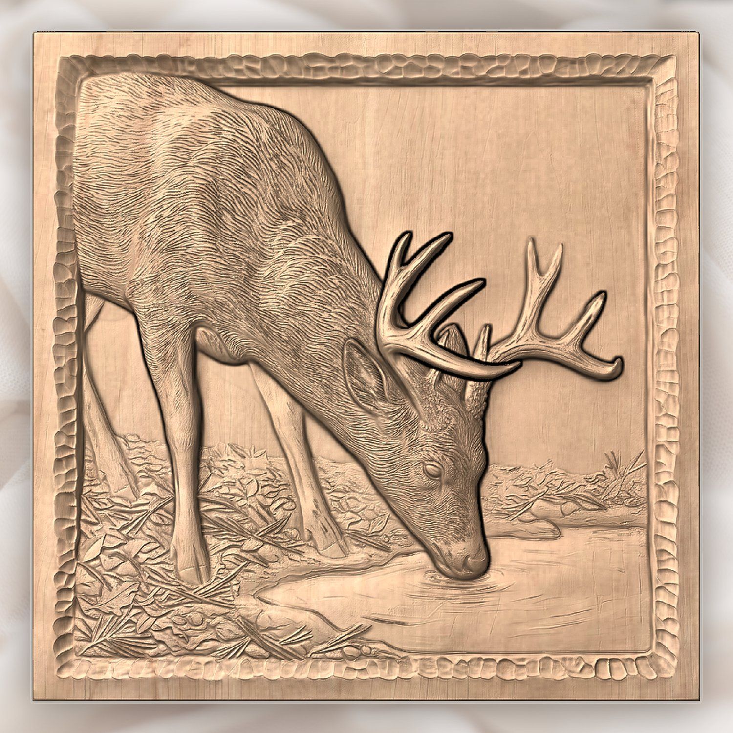 Whitetail Buck Drinking at Pond CNC Relief STL bas-relief STL — view 4