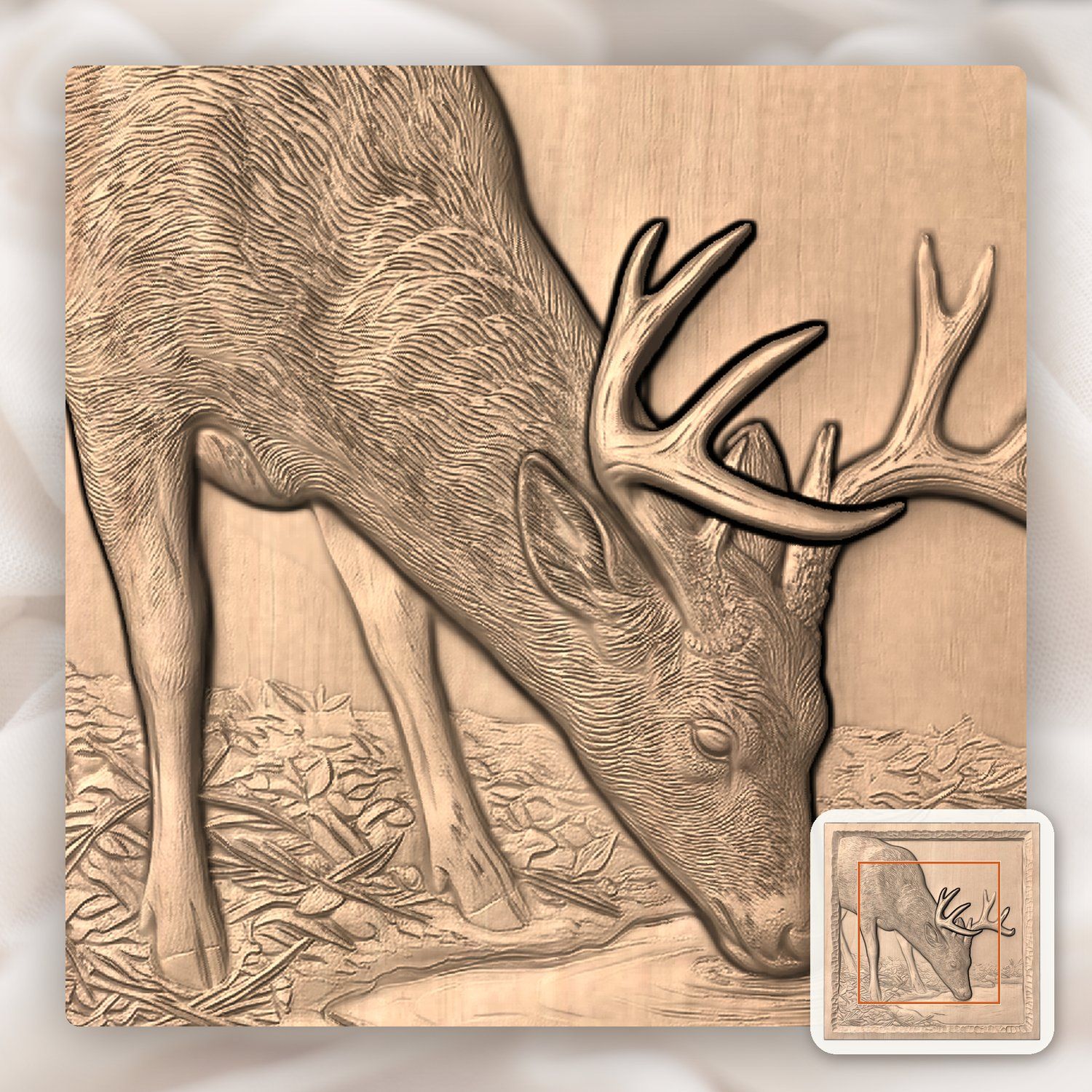 Whitetail Buck Drinking at Pond CNC Relief STL bas-relief STL — view 6