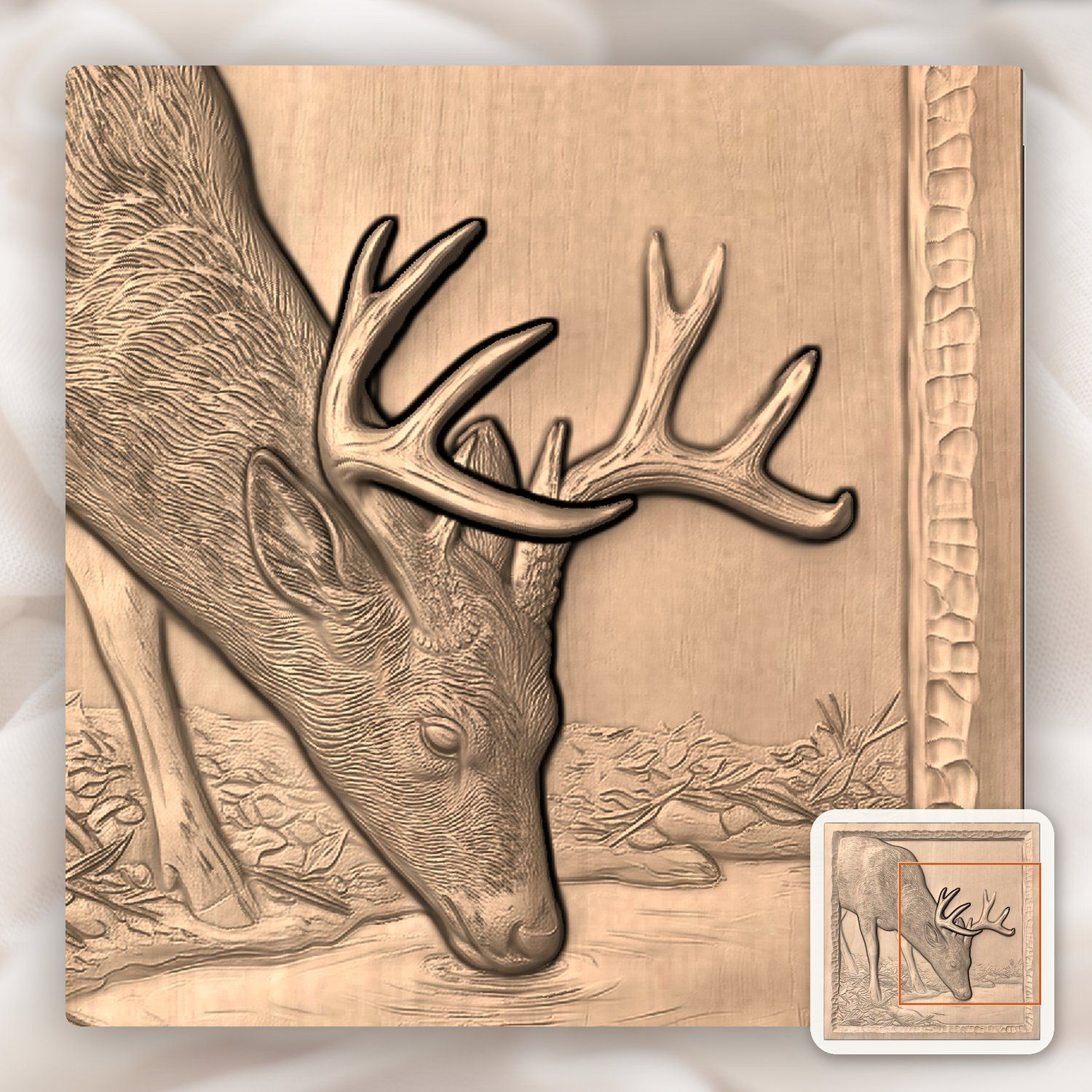 Whitetail Buck Drinking at Pond CNC Relief STL bas-relief STL — view 9
