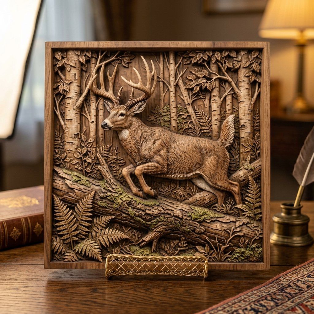 Whitetail Buck Forest Scene CNC Relief STL bas-relief STL — view 3