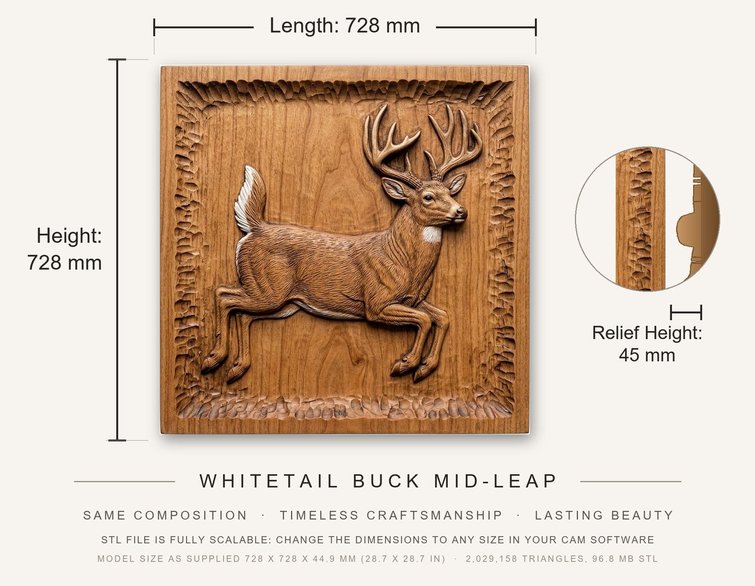 Whitetail Buck Mid-Leap CNC Relief STL bas-relief STL — view 3
