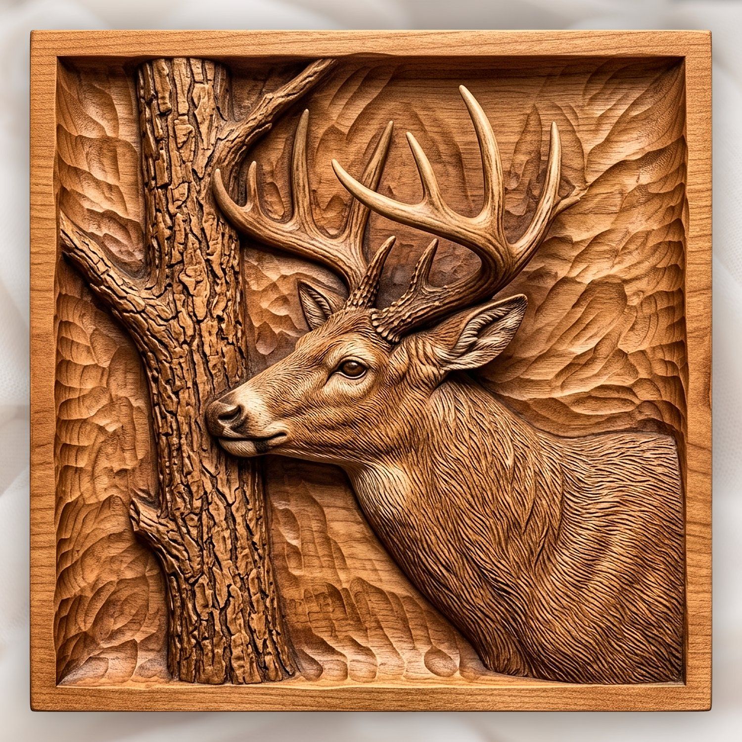 Whitetail Buck Rubbing Antlers on Tree CNC Relief STL bas-relief STL design