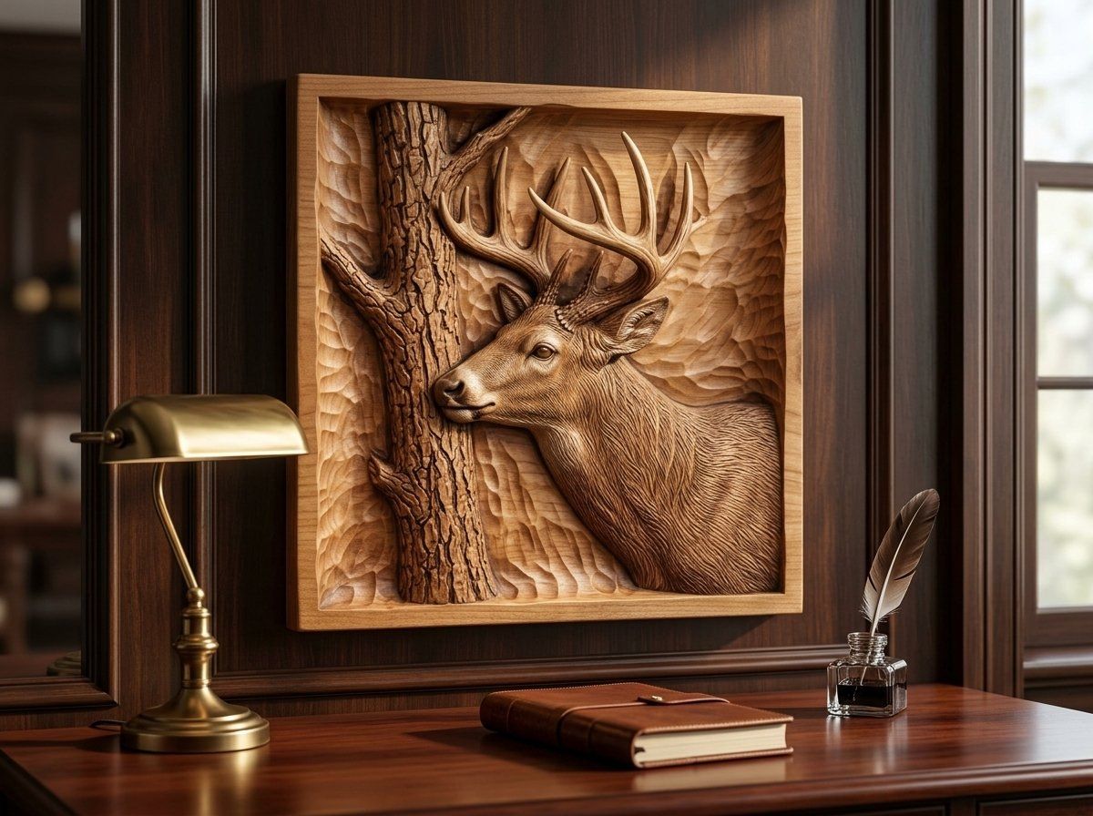Whitetail Buck Rubbing Antlers on Tree CNC Relief STL bas-relief STL — view 13