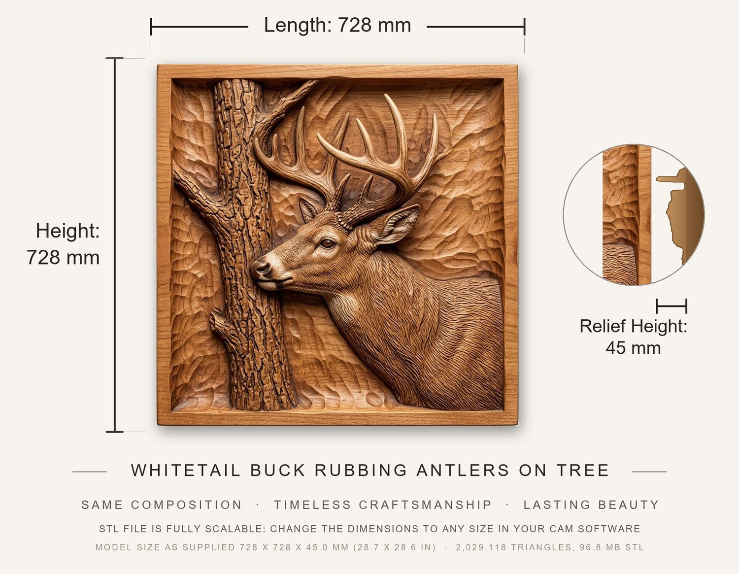Whitetail Buck Rubbing Antlers on Tree CNC Relief STL bas-relief STL — view 3