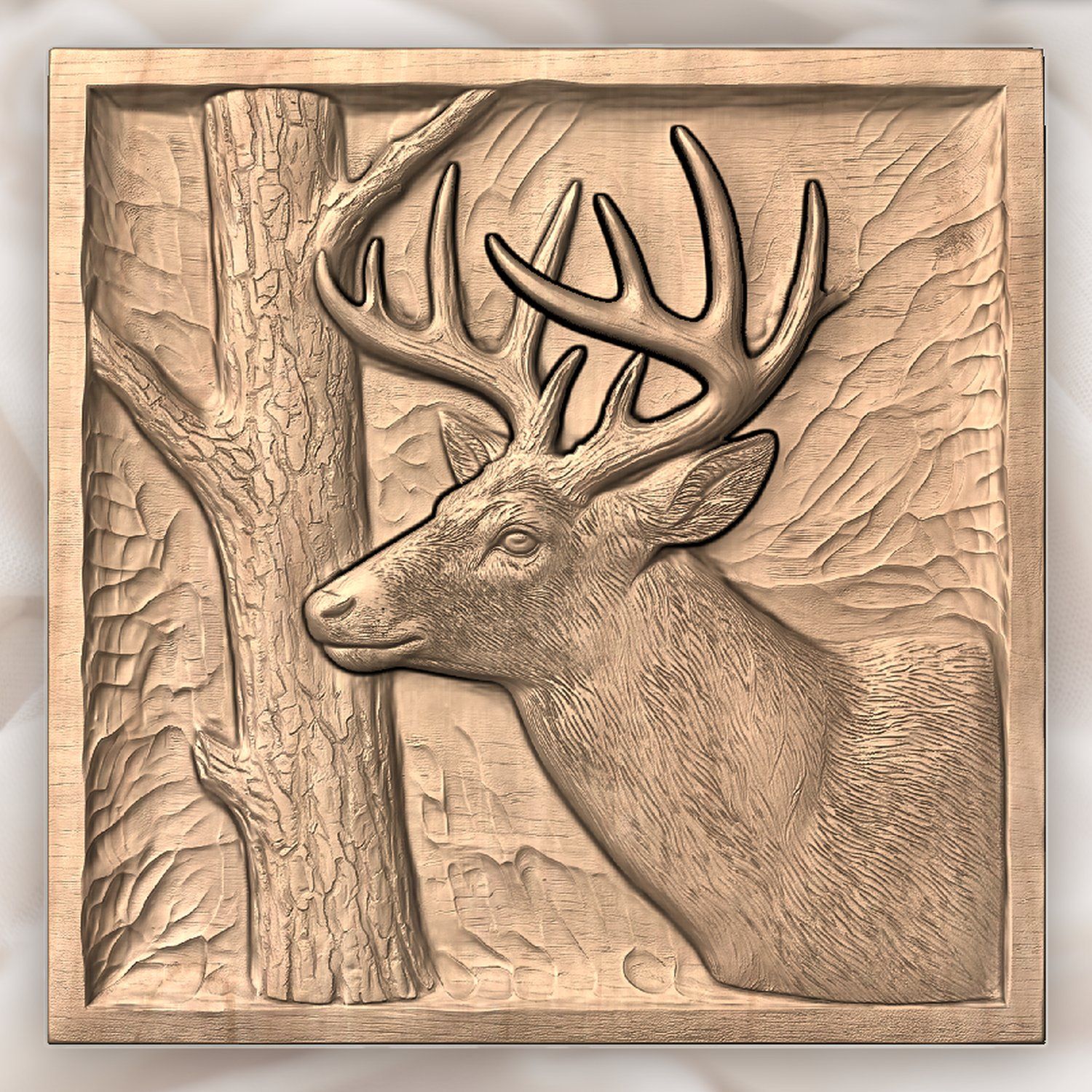 Whitetail Buck Rubbing Antlers on Tree CNC Relief STL bas-relief STL — view 4