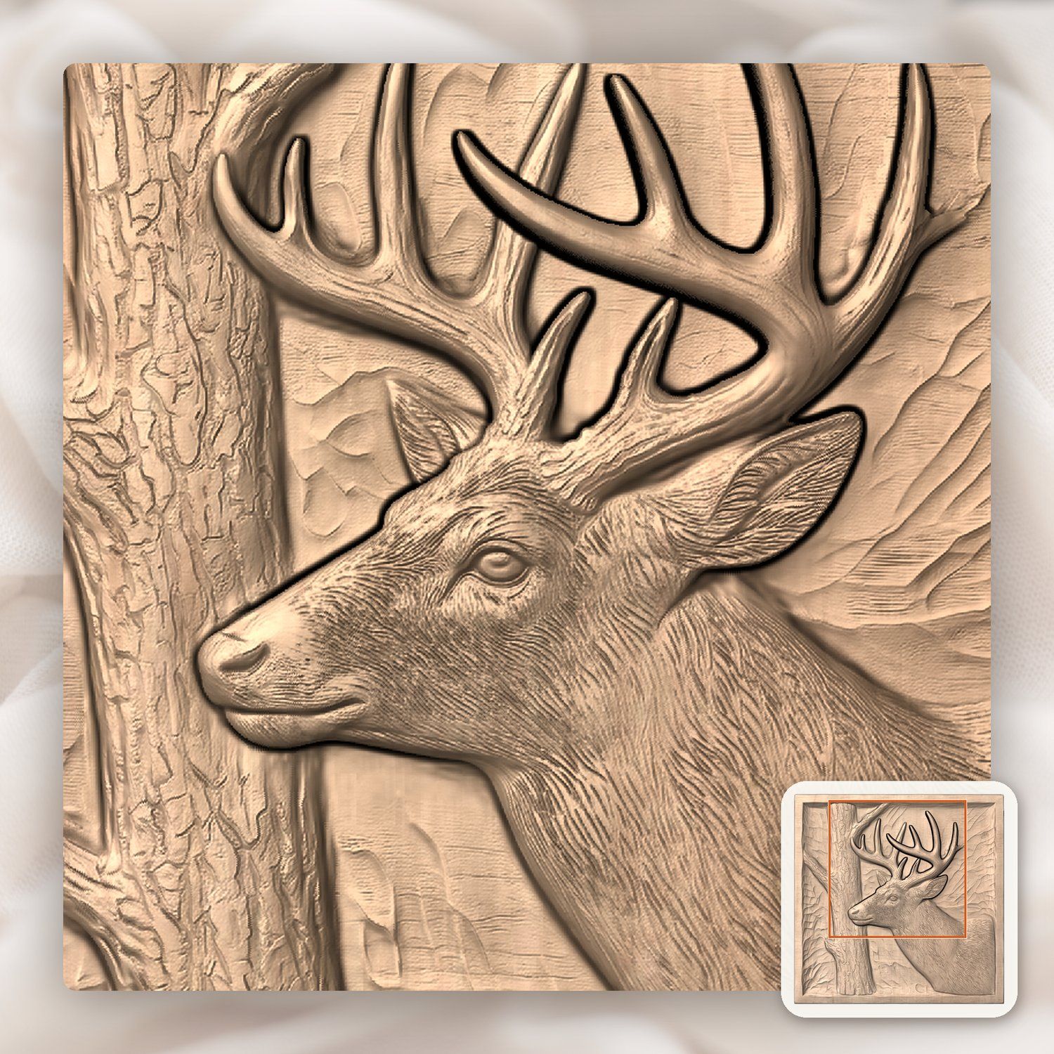 Whitetail Buck Rubbing Antlers on Tree CNC Relief STL bas-relief STL — view 6