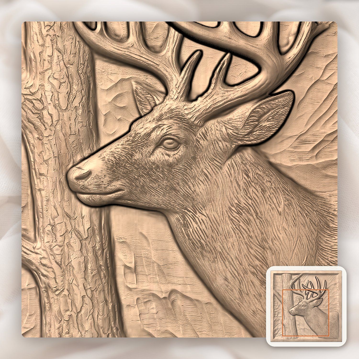Whitetail Buck Rubbing Antlers on Tree CNC Relief STL bas-relief STL — view 7