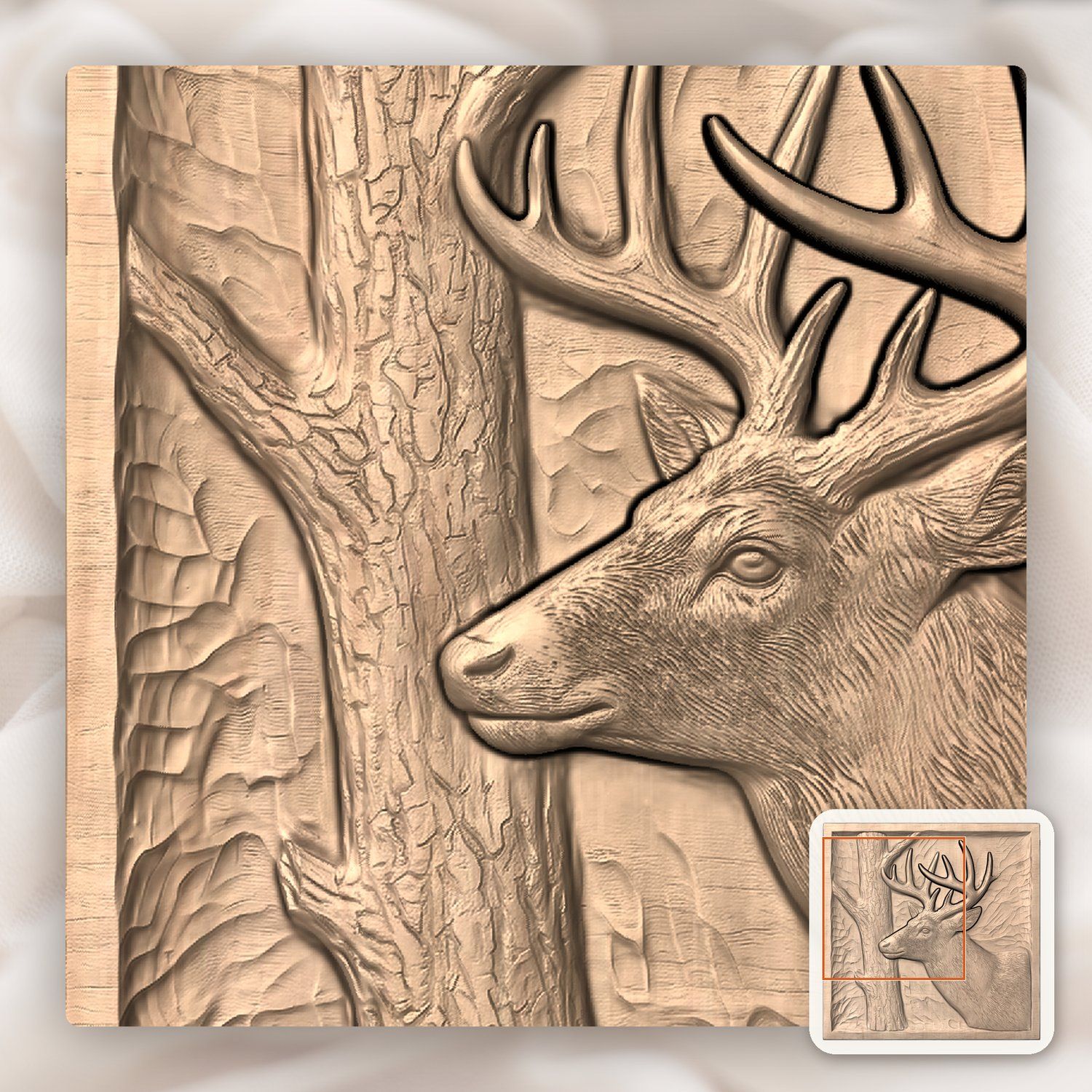 Whitetail Buck Rubbing Antlers on Tree CNC Relief STL bas-relief STL — view 9