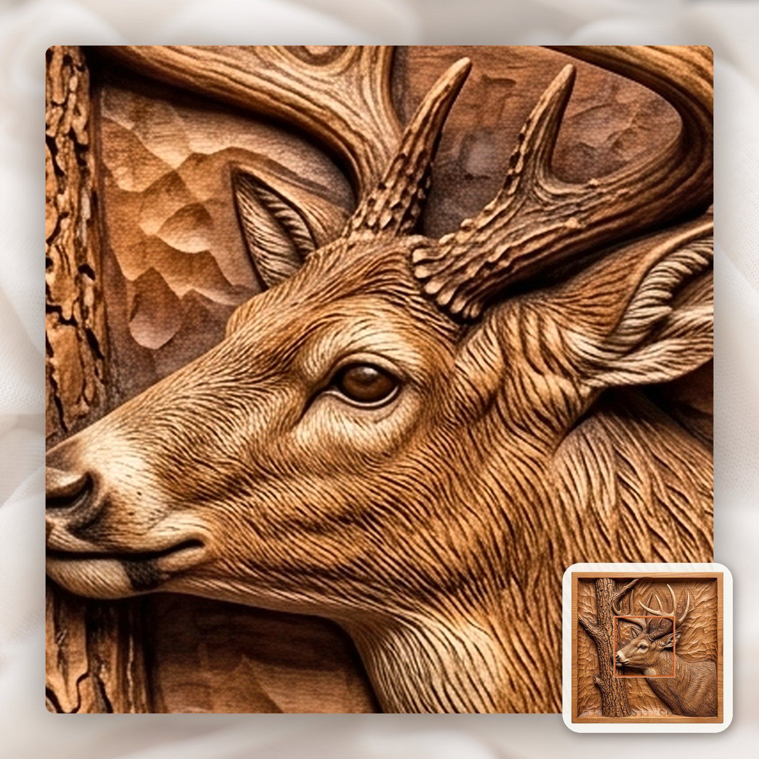 Whitetail Buck Rubbing Antlers on Tree CNC Relief STL bas-relief STL — view 10
