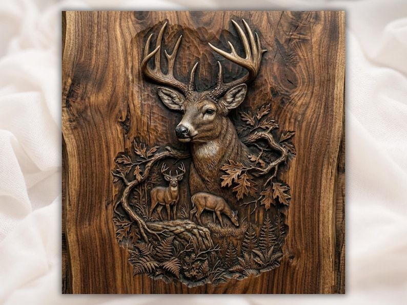 Carved wood bas-relief of a whitetail buck head with antlers, oak leaves, ferns, and two deer below.
