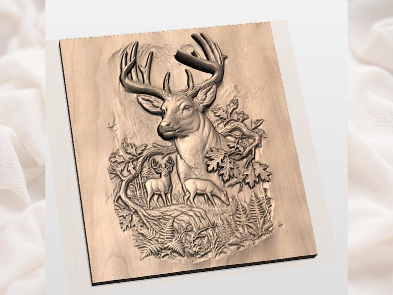 Whitetail Buck and Forest Scene Bas-Relief STL Carving bas-relief STL — view 2