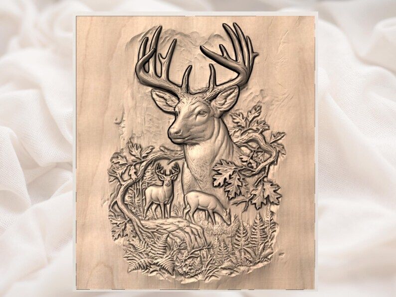Whitetail Buck and Forest Scene Bas-Relief STL Carving bas-relief STL — view 3