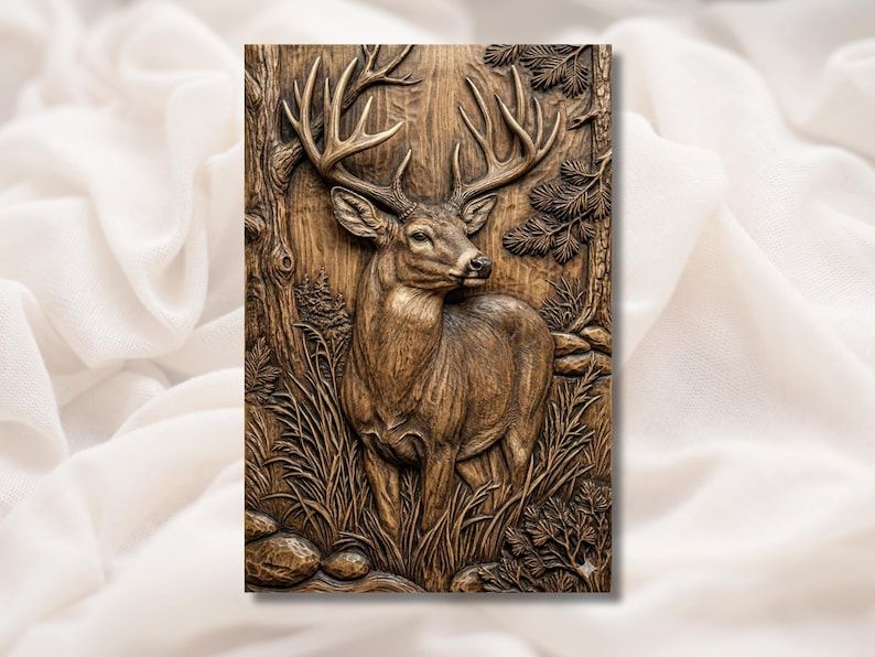 Carved wood bas-relief of a whitetail buck with full antlers standing among pines, grass, and stones