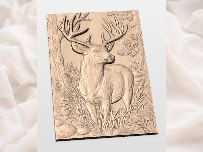 Whitetail Buck in the Pines 3D Relief STL for CNC Carving bas-relief STL — view 3
