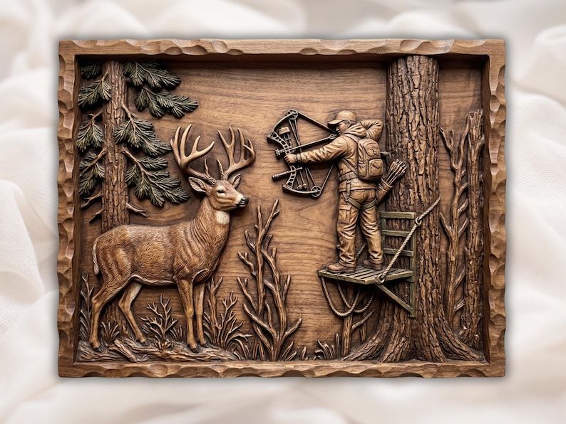 Carved wood relief of a whitetail buck and a bowhunter drawing his compound bow from a tree stand in pine forest