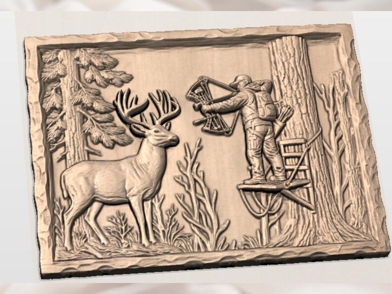 Bowhunter and Whitetail Buck Tree Stand Woodland Relief STL bas-relief STL — view 2