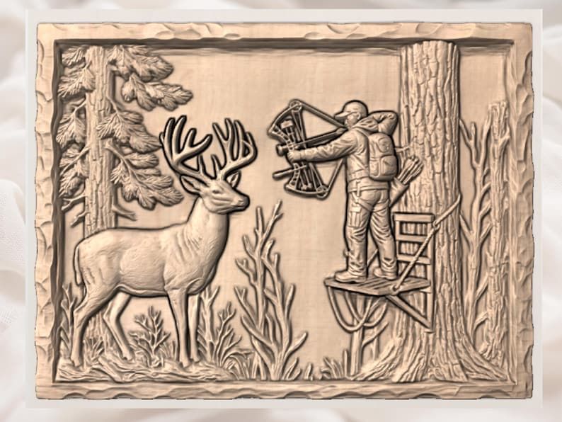 Bowhunter and Whitetail Buck Tree Stand Woodland Relief STL bas-relief STL — view 3