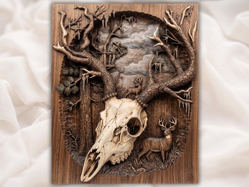 Carved whitetail deer skull with wide antlers, a tree stand bow hunter, pine trees, and a standing buck in a forest scene.
