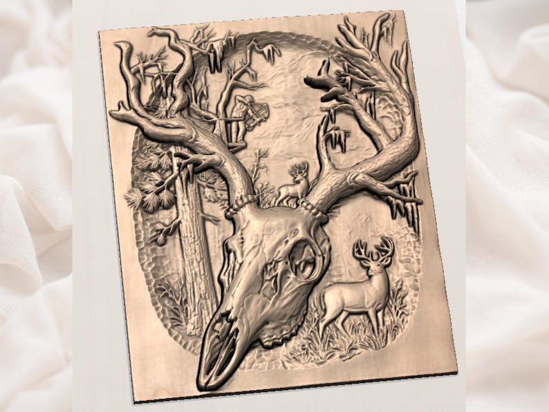Whitetail Deer Skull and Antler Forest Hunting Scene STL bas-relief STL — view 2