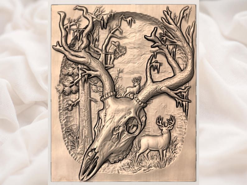 Whitetail Deer Skull and Antler Forest Hunting Scene STL bas-relief STL — view 3