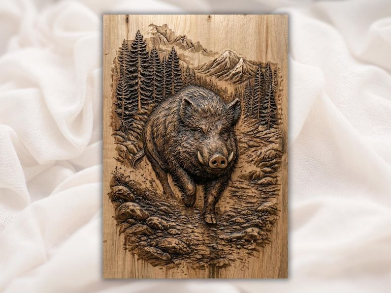 Carved wood bas-relief of a wild boar walking a rocky trail with pine trees and mountains behind