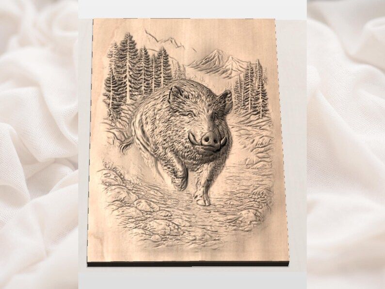 Wild Boar on a Mountain Trail Bas-Relief STL Carving File bas-relief STL — view 2