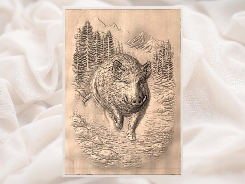 Wild Boar on a Mountain Trail Bas-Relief STL Carving File bas-relief STL — view 3