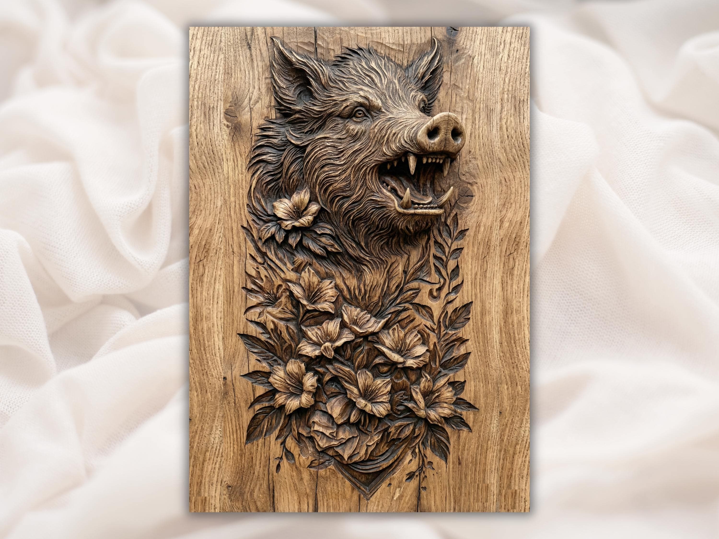 Carved wood bas-relief of a roaring wild boar head with tusks above a cluster of blossoms and leaves