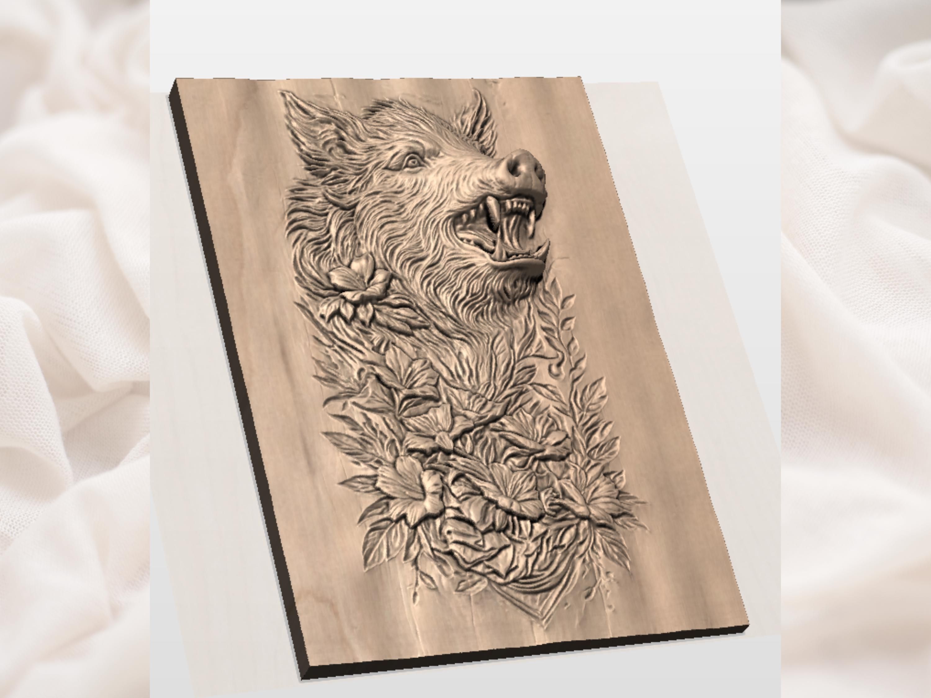 Roaring Wild Boar Head with Blossoms Bas-Relief STL bas-relief STL — view 2