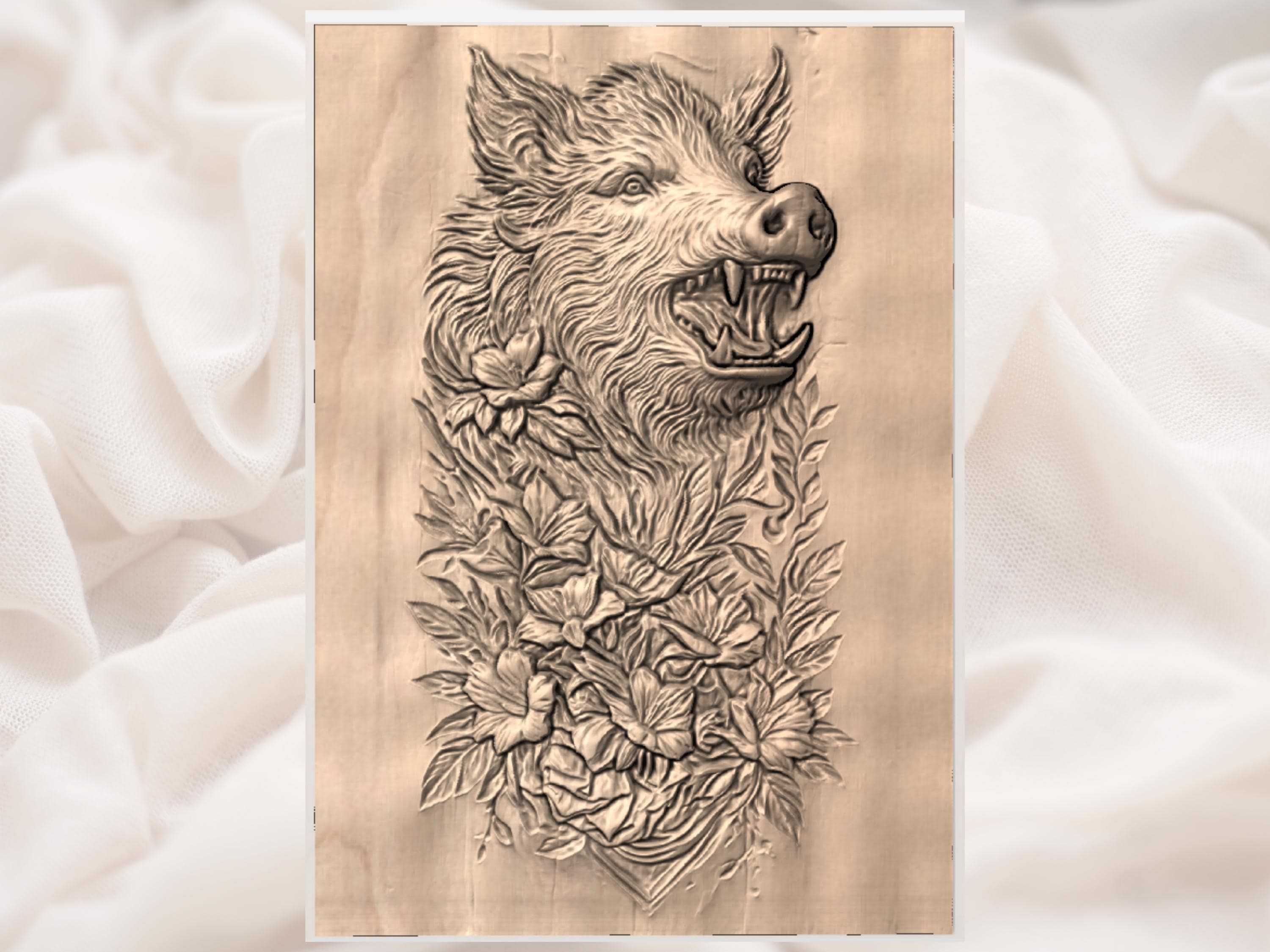 Roaring Wild Boar Head with Blossoms Bas-Relief STL bas-relief STL — view 3