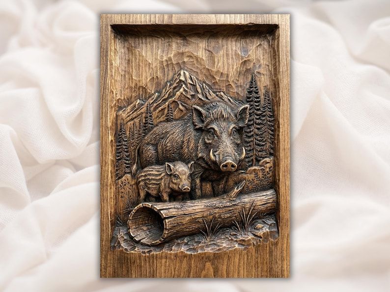 Carved wood relief of a wild boar and piglet on a fallen log with mountains and pine trees behind