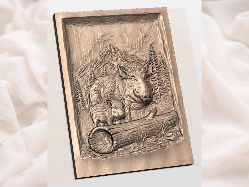 Wild Boar and Piglet Forest Scene 3D Relief STL for CNC bas-relief STL — view 2