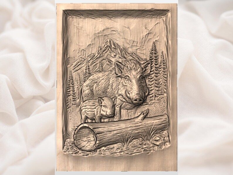 Wild Boar and Piglet Forest Scene 3D Relief STL for CNC bas-relief STL — view 3