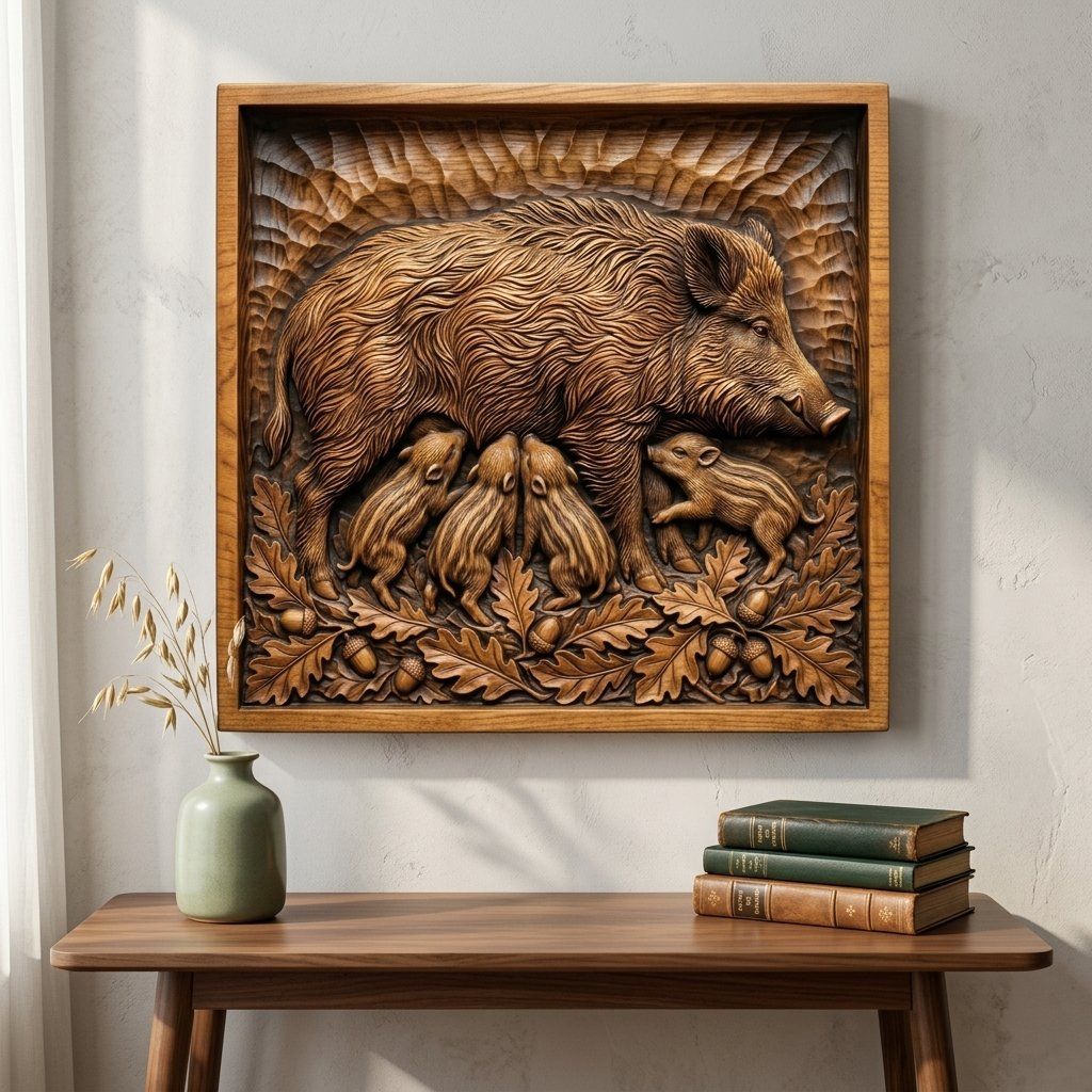 Wild Boar and Piglets CNC Relief STL bas-relief STL — view 12