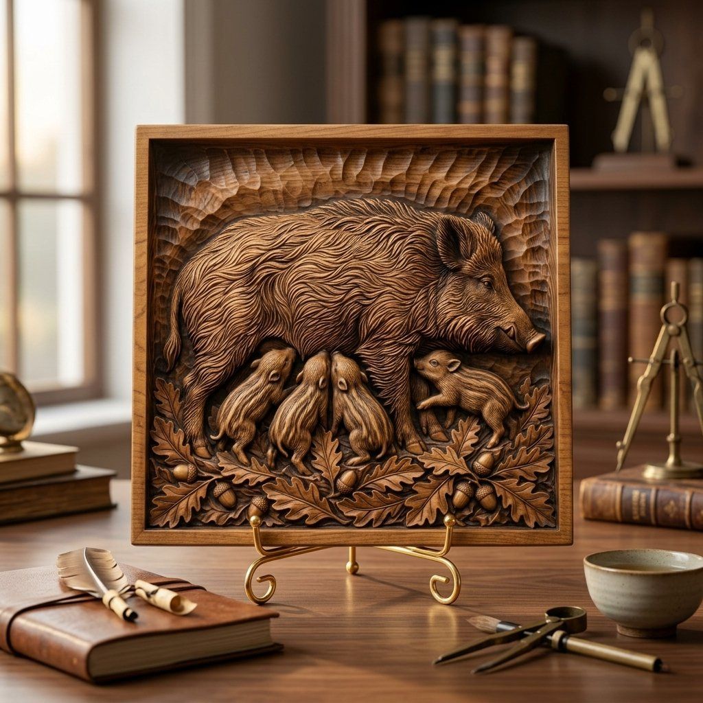 Wild Boar and Piglets CNC Relief STL bas-relief STL — view 6