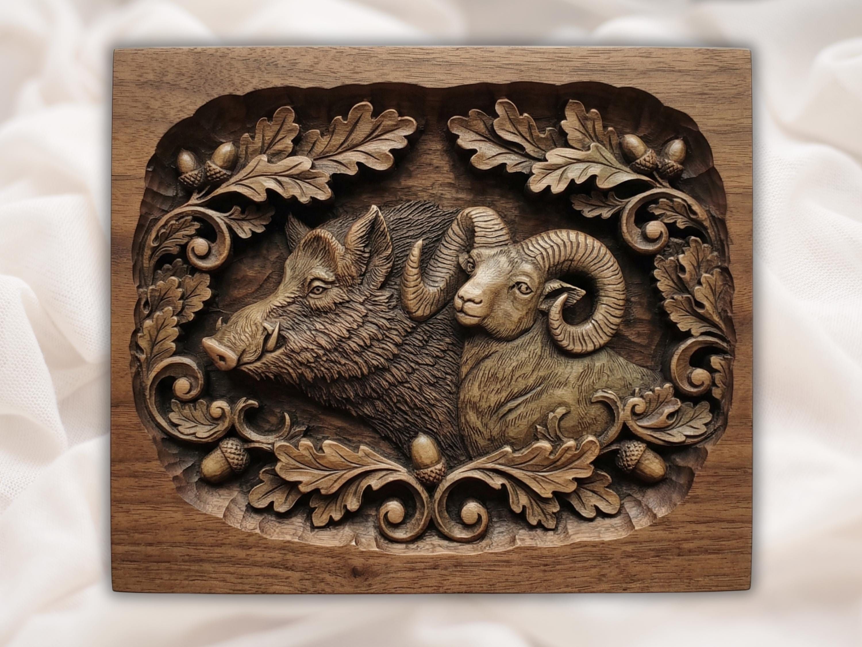 Carved wood relief of a wild boar and bighorn ram framed by oak leaves and an acorn