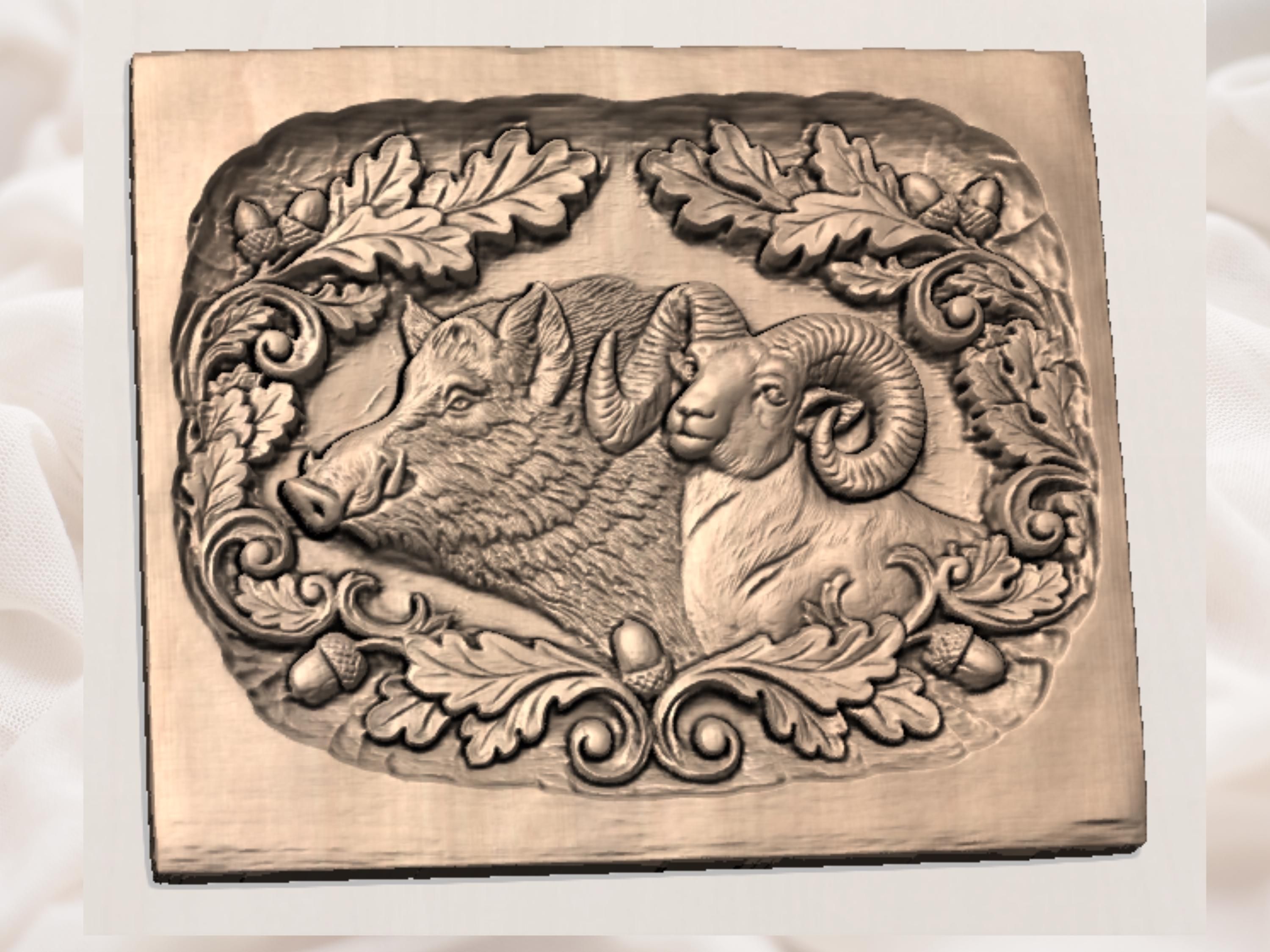 Wild Boar and Bighorn Ram Relief with Oak Leaves STL bas-relief STL — view 2