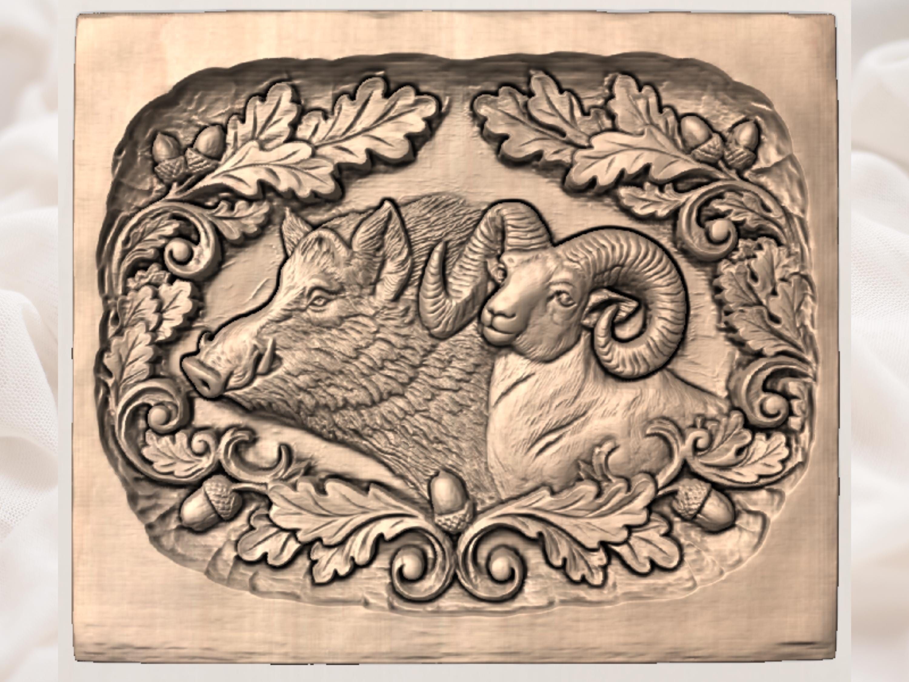 Wild Boar and Bighorn Ram Relief with Oak Leaves STL bas-relief STL — view 3