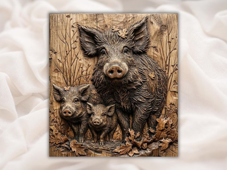 Carved wood relief of a wild boar sow with two piglets among autumn leaves and branches