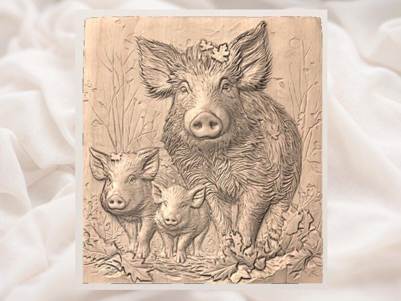 Wild Boar Sow and Two Piglets Woodland Relief STL bas-relief STL — view 2