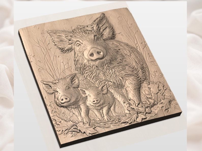 Wild Boar Sow and Two Piglets Woodland Relief STL bas-relief STL — view 3