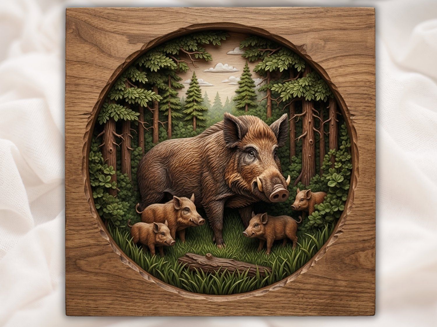 Wild Boar Family Forest Scene CNC Relief STL bas-relief STL — view 2