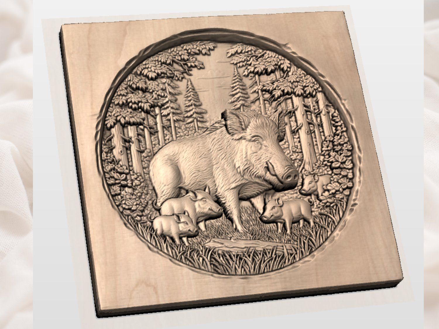 Wild Boar Family Forest Scene CNC Relief STL bas-relief STL — view 3