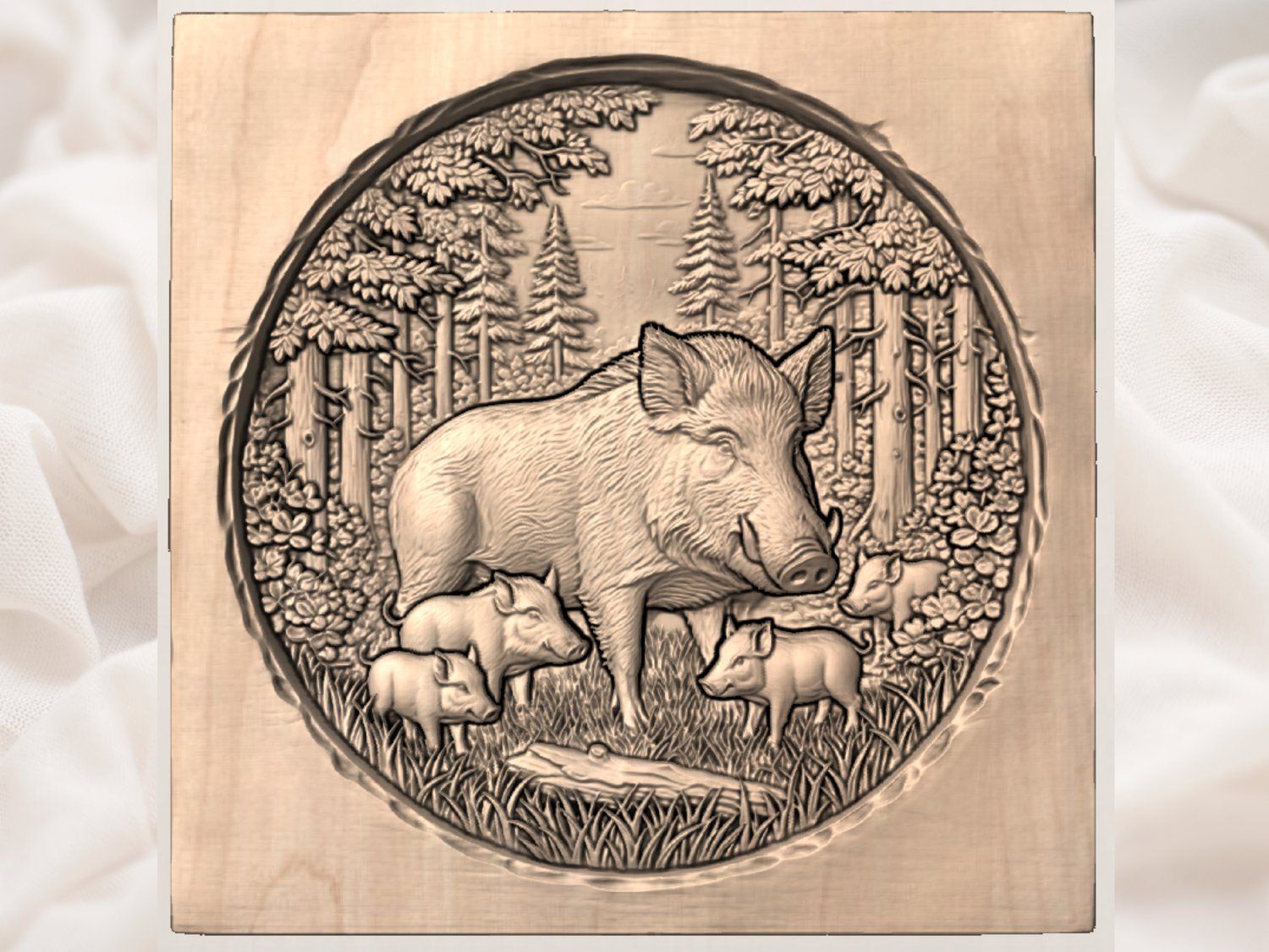 Wild Boar Family Forest Scene CNC Relief STL bas-relief STL — view 4
